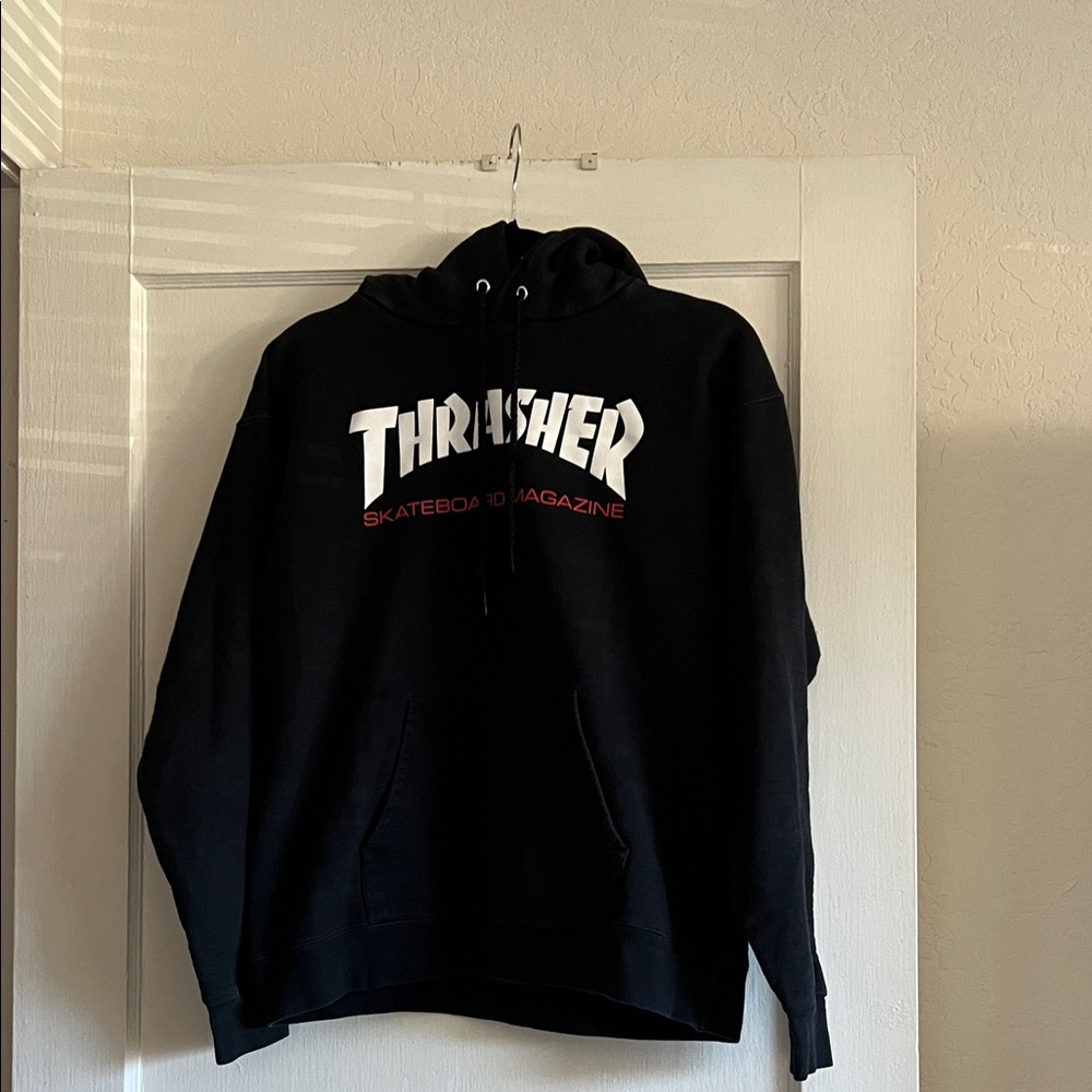 Thrasher Black Hoodie with White and Red Logo